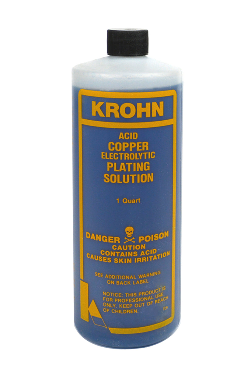 1 quart bottle of Krohn copper electrolytic plating solution for acid-based copper electroplating with safety warnings