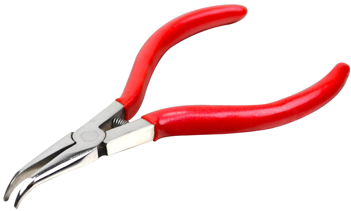 5-1/4" 45° bent chain nose pliers with spring-action and red PVC-coated handles for jewelry making