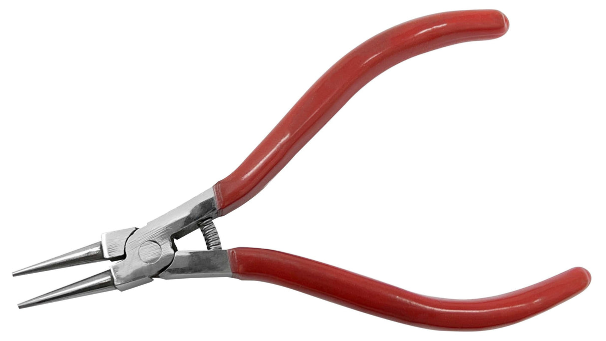 5 inch round nose pliers with red PVC handles and spring mechanism for jewelry making