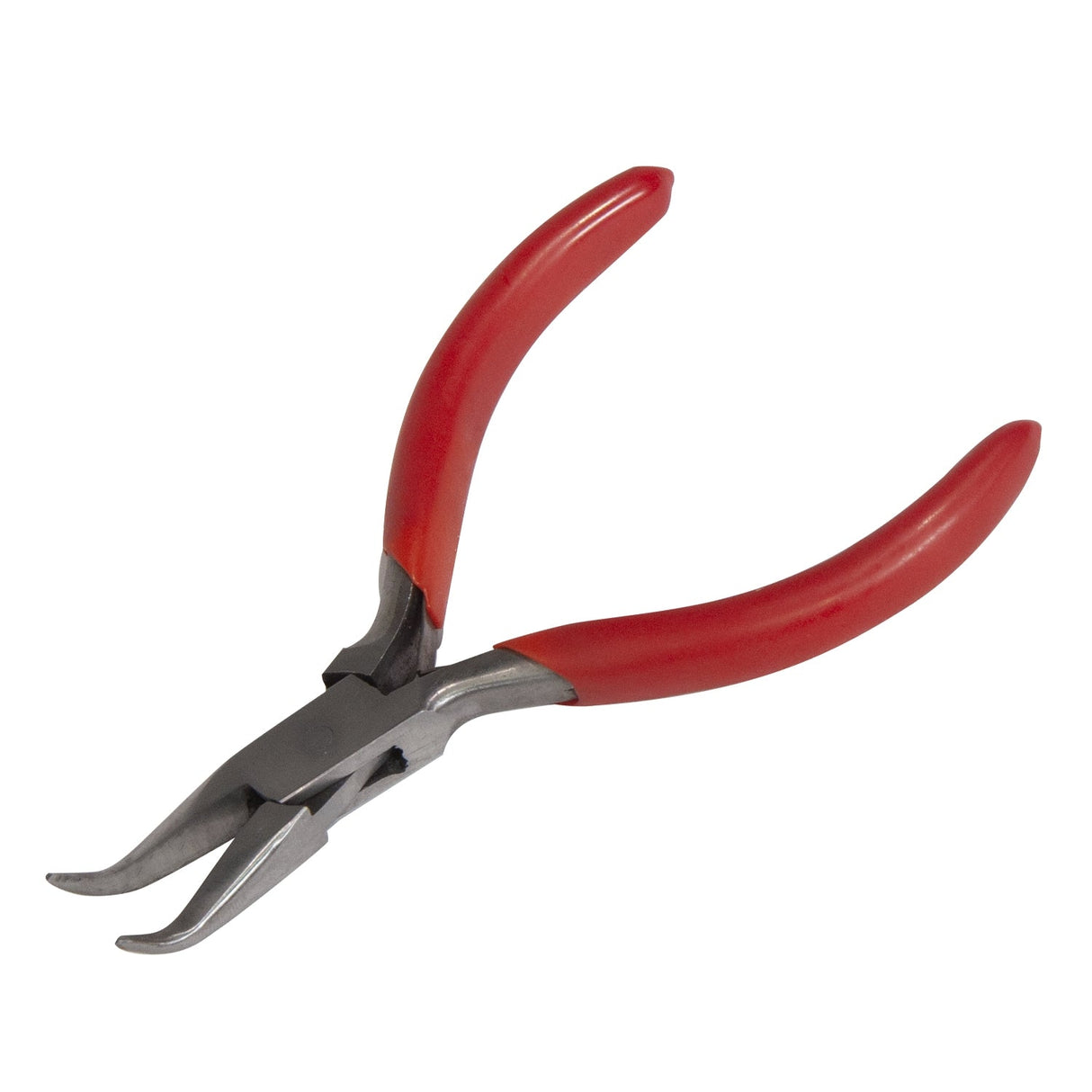 5-1/4 inch bent chain nose pliers with red handles and V-spring mechanism for precision jewelry making and wire bending