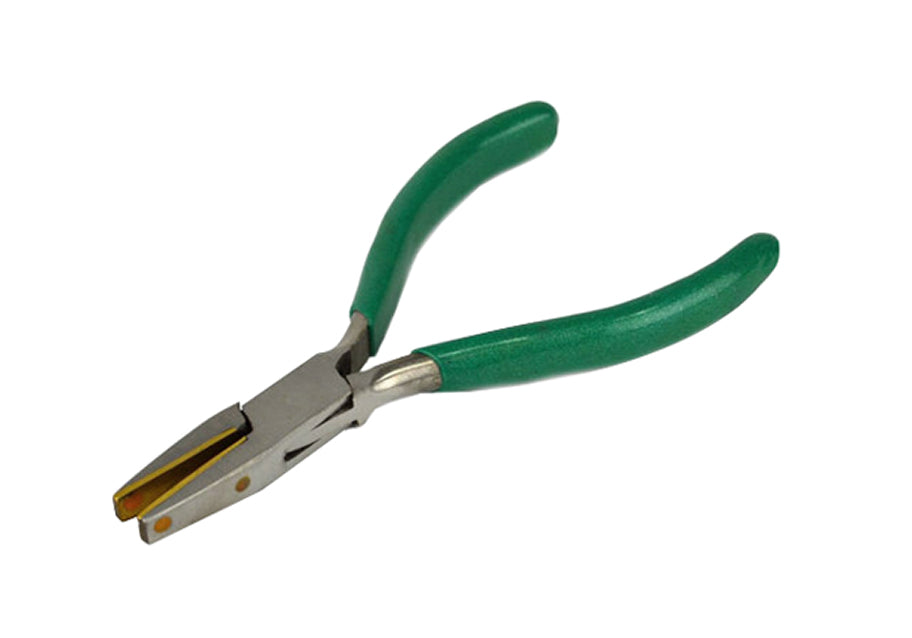 Flat nose pliers with brass-lined jaws and green handles for precision jewelry making and metalwork