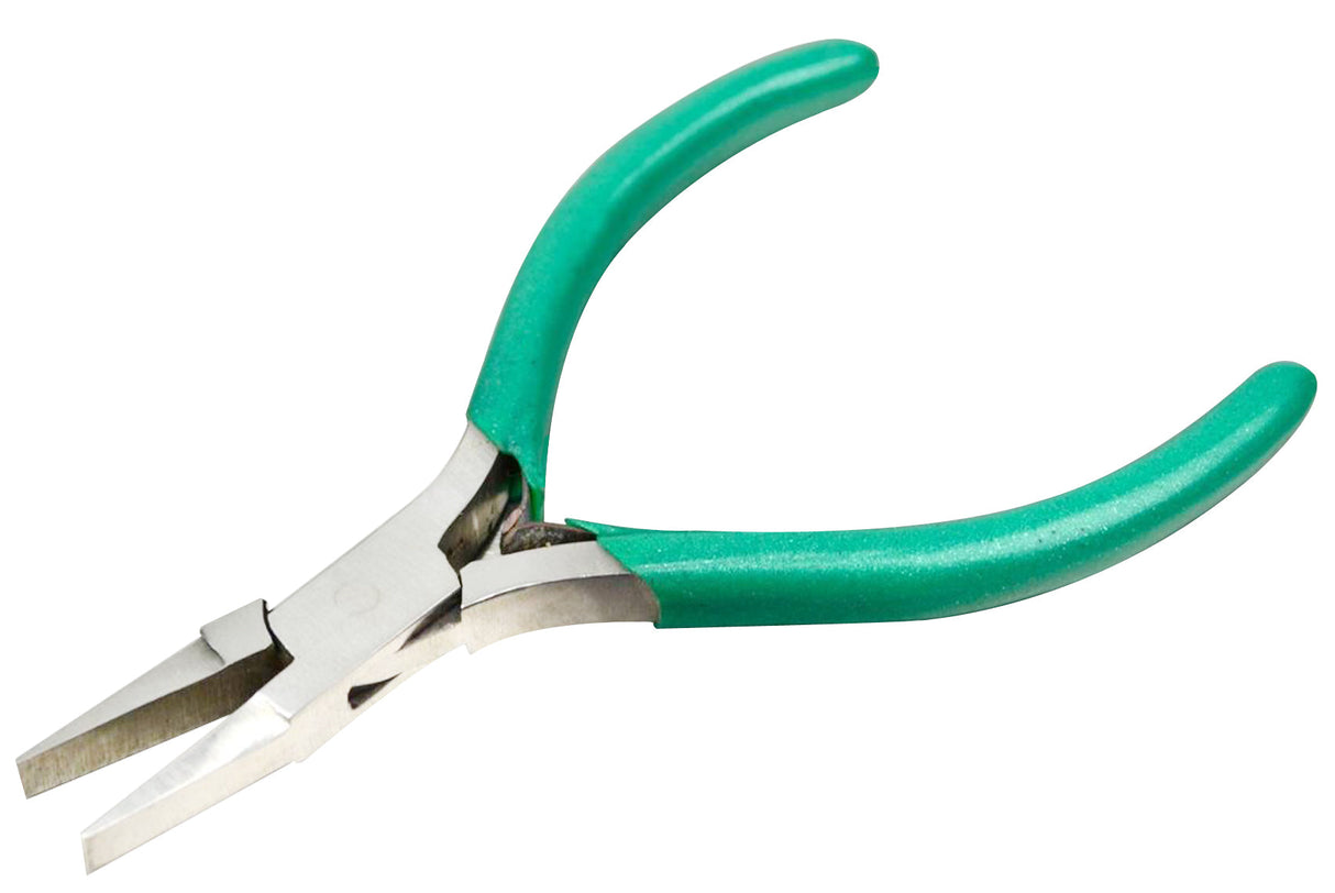 4-1/2" flat nose pliers with green PVC handles and V-spring for precision gripping and bending tasks