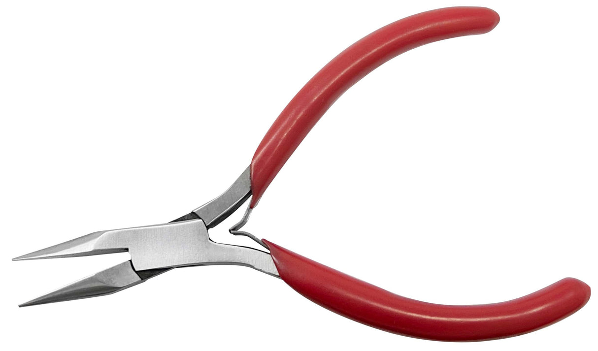 4-1/2 inch chain nose pliers with red PVC-coated handles and V-spring for precise gripping