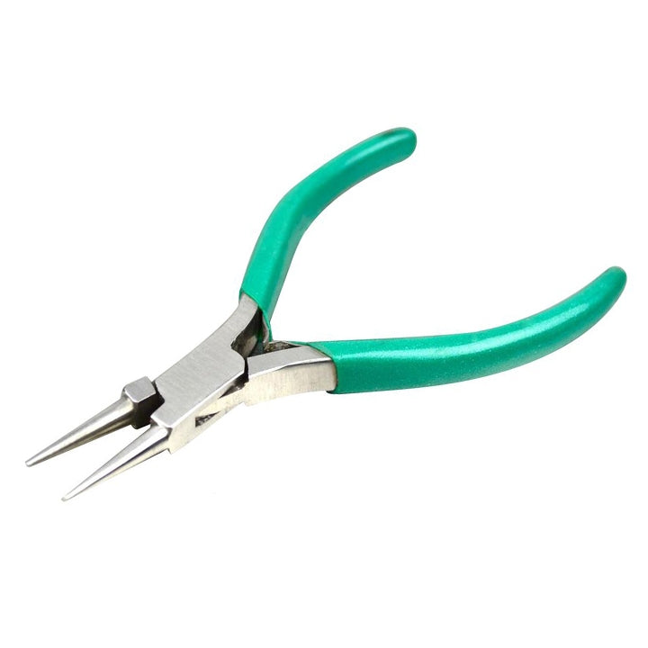 4-1/2 inch round nose pliers with V-spring and green PVC-coated handles for precision jewelry and wirework