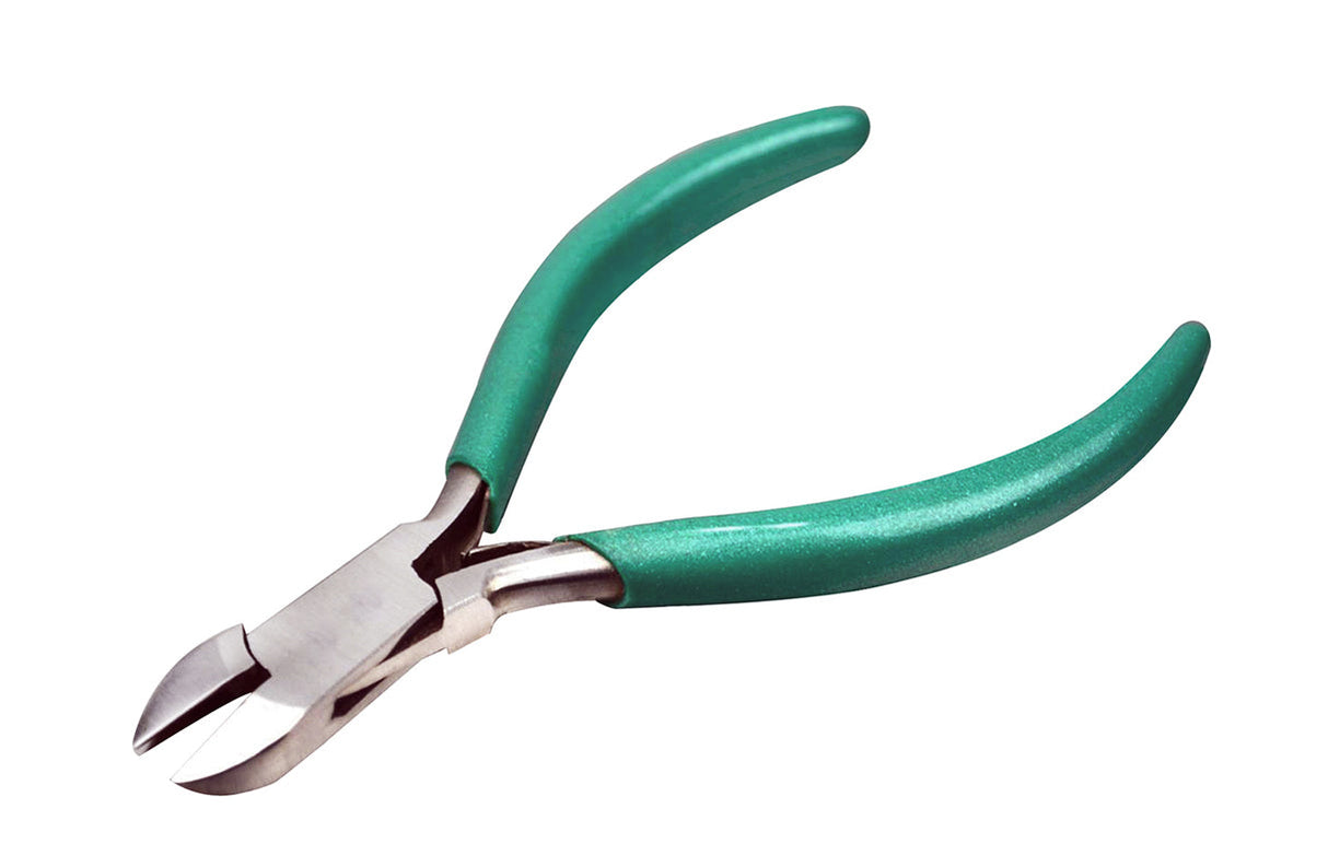 4-1/2" side cutter pliers with V-spring and green PVC-coated handles for precise cutting and reduced hand fatigue
