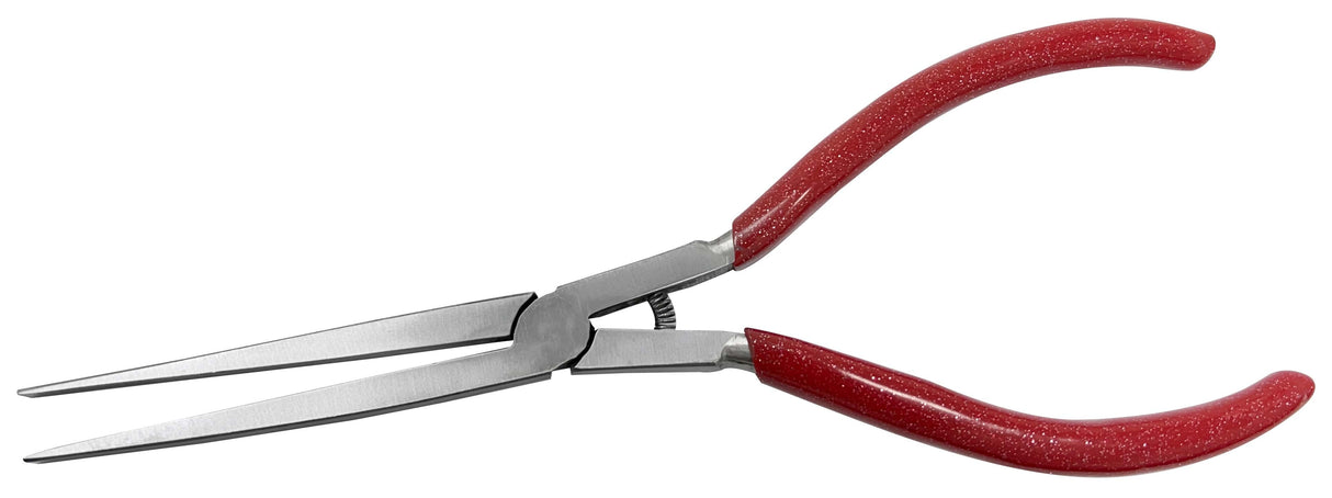 7-1/2 inch flat nose pliers with red PVC-coated handles and chrome-dipped jaws for precise gripping and bending tasks