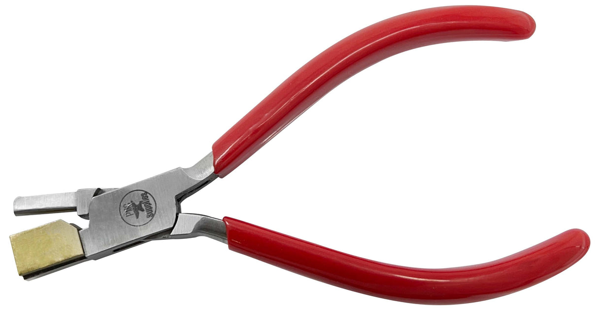 Ring bending and bow closing pliers with brass jaws and red handles for jewelry making and wire working.