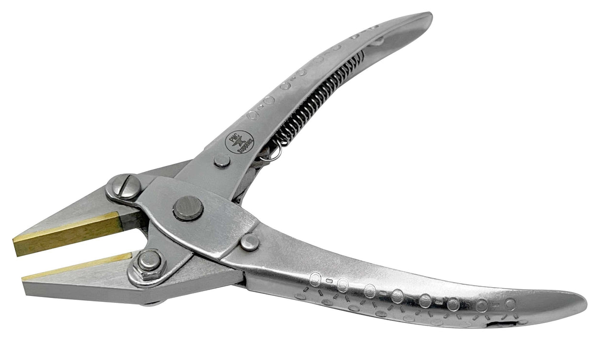 Flat-nose parallel action pliers with brass-lined jaws for jewelry making and stone-setting tasks