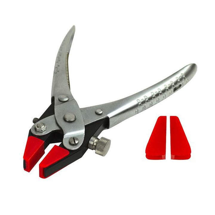 Parallel clamping pliers with positioning screw and red protective jaws for precise jewelry making and metal shaping