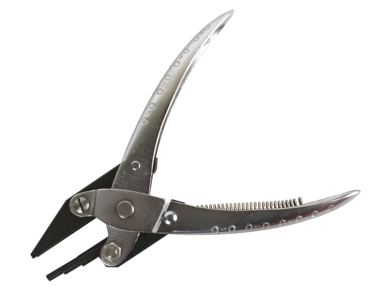 Stepped round and concave parallel action forming pliers with return spring and stepped jaws for precise wire shaping and bending.