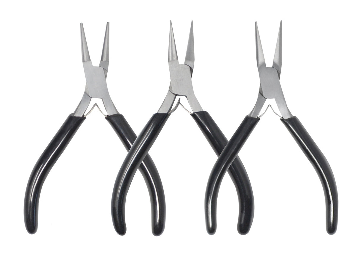 3-Piece Stainless Steel Pliers Set with round, flat, and chain nose tips and black handles for jewelry making and precision tasks