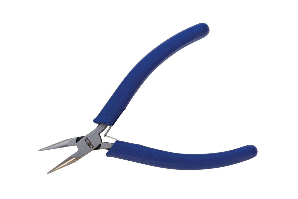 4-1/2" ergonomic chain nose pliers with blue handles made in Germany for precise gripping and cutting