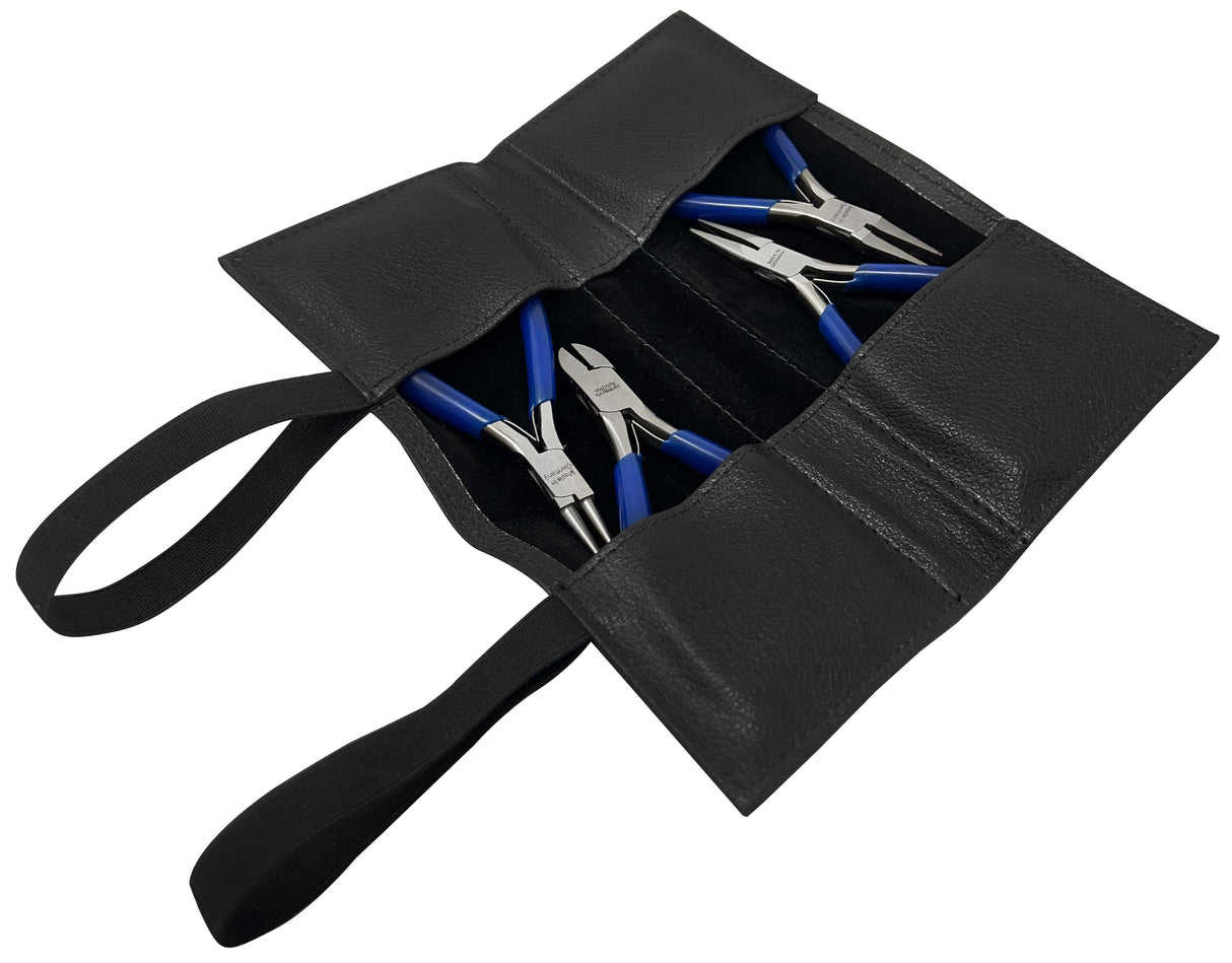 4-1/2" 4 Piece German Plier Set with blue handles in black roll-up case for precision work