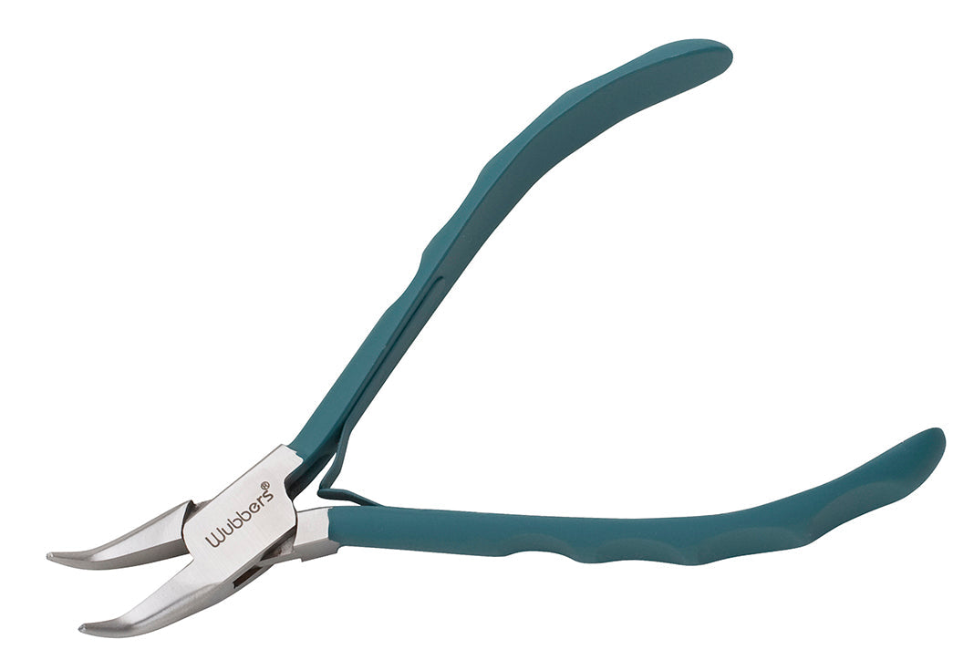 5-3/4" Wubbers ProLine Series bent chain nose pliers with ergonomic teal handles for precision jewelry work