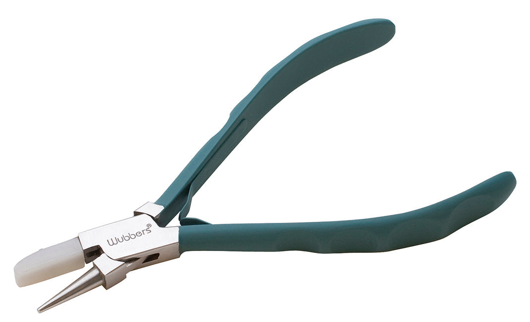 5-3/4" Wubbers ProLine Series flat nylon and metal round nose pliers with ergonomic teal handles for jewelry making