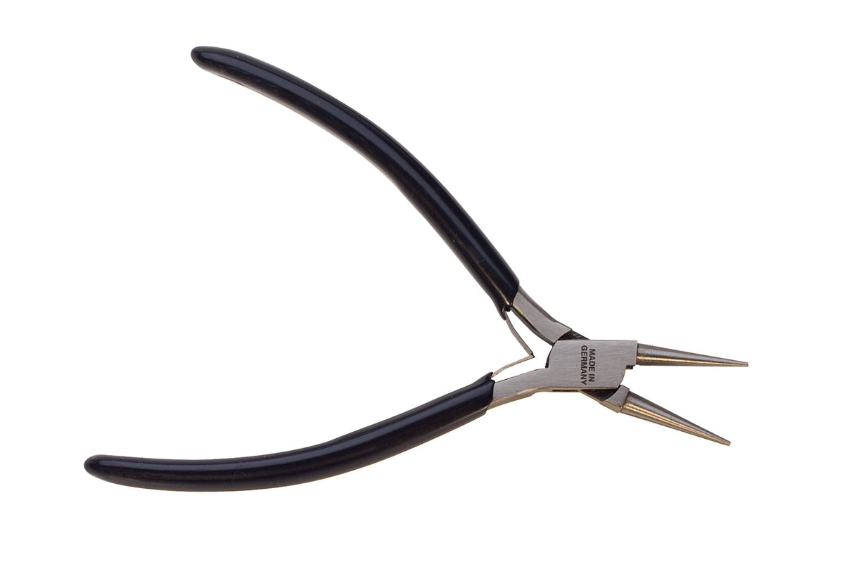 4-1/2 inch round nose pliers with black handles, made in Germany, for precision crafting and delicate shaping