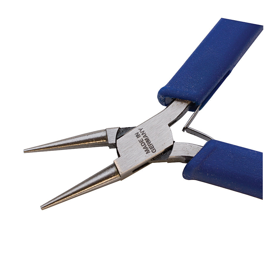 4-1/2" ergonomic round nose pliers with blue handles made in Germany for precision work