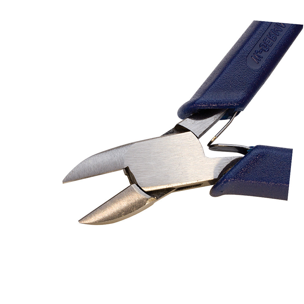 4-1/2 inch ergonomic side cutters with blue molded handles and precision cutting edges made in Germany
