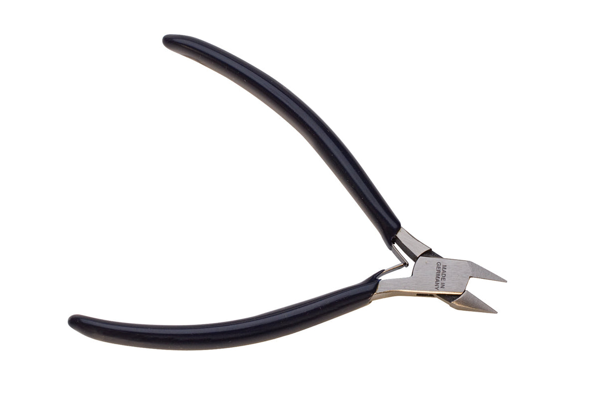 4-1/2" mini semi-flush side cutters with pointed tips and black handles made in Germany