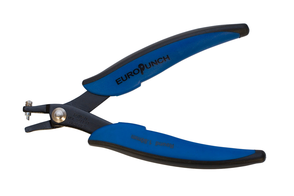 Round Hole Punching Pliers with 1.8 mm holes, blue ergonomic handles, carbon steel construction, and replaceable pin for precise metalworking.