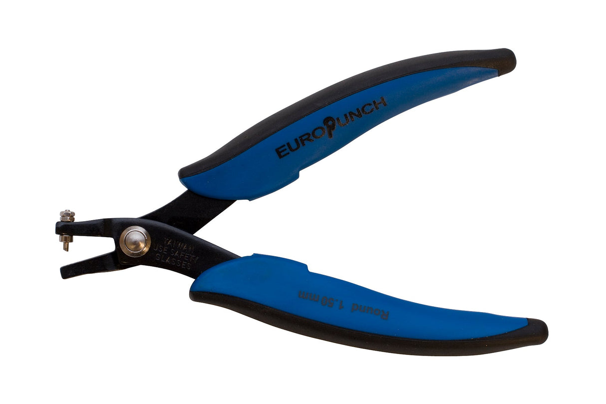 Blue and black ergonomic 5-1/4" round hole punching pliers with 1.5 mm pin for soft metal up to 18 gauge, made of thick carbon steel.