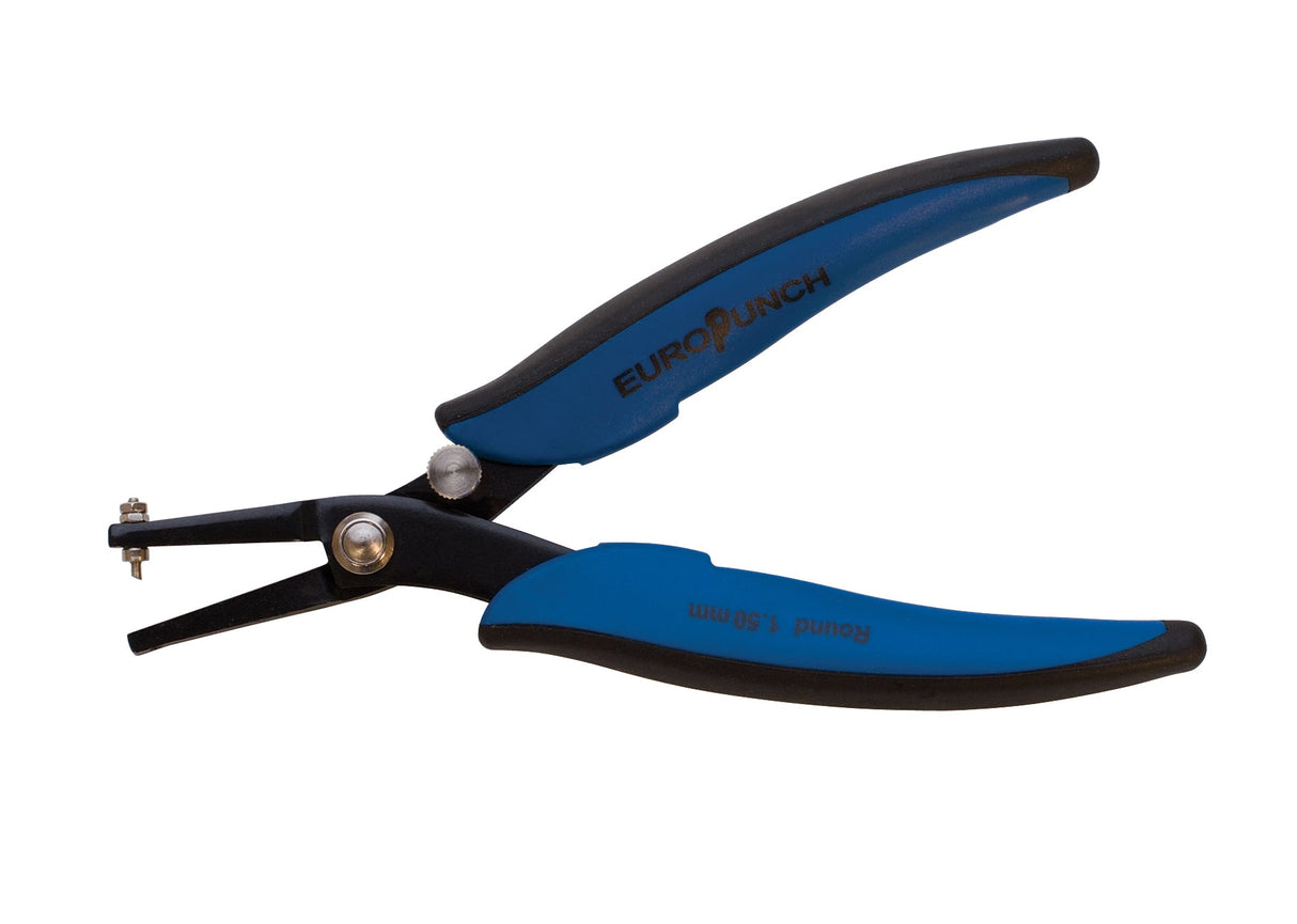 6-1/4" long neck round hole punching pliers with blue ergonomic handles for 1.5mm holes in soft metal