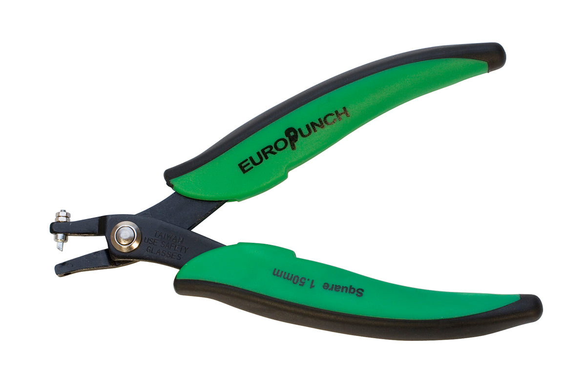 Round Corner Hole Punching Pliers with ergonomic green handles for precise 1.5 mm holes in copper and silver up to 22 gauge