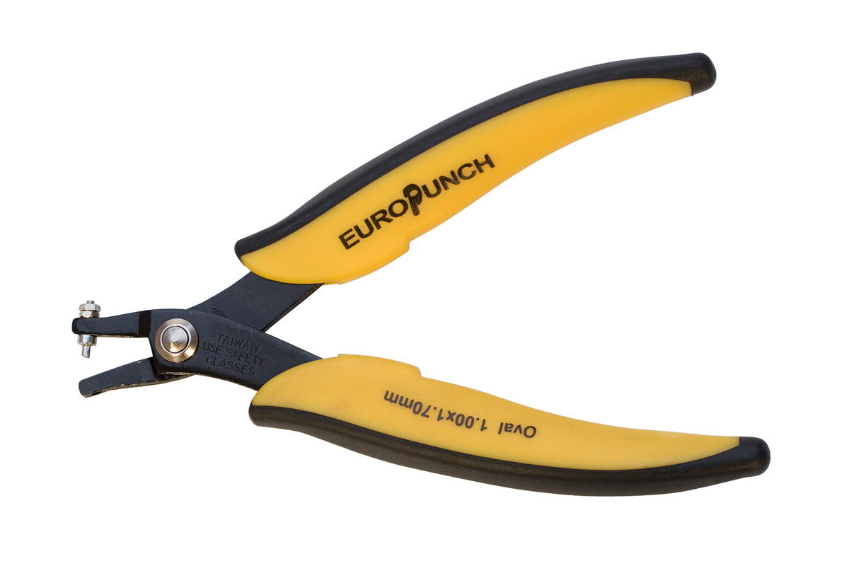 Oval Hole Punching Pliers with ergonomic yellow handles for precise 1.0 x 1.7 mm oval holes in copper and silver up to 22 gauge