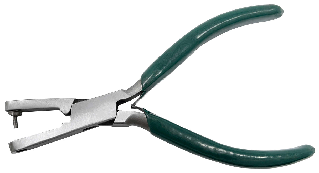 Hole punching pliers with green handles for making 2mm holes in leather and plastic bands