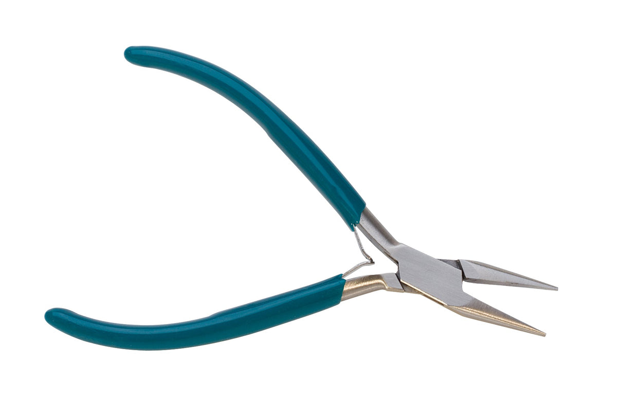4-1/2 inch teal slimline chain nose pliers for beading and wire wrapping with stainless steel corrosion-resistant tips and ergonomic grip