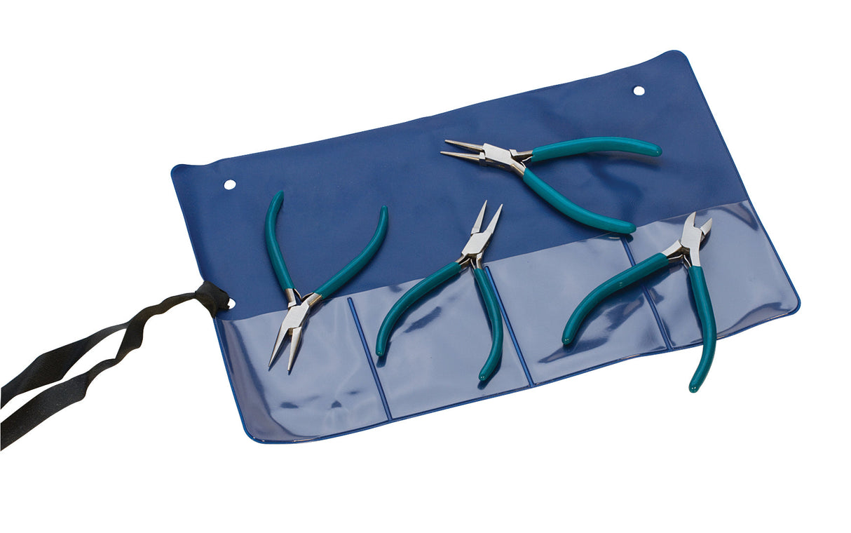 4 piece teal slimline plier set with chain, flat-nose, round-nose pliers and diagonal cutters in blue pouch