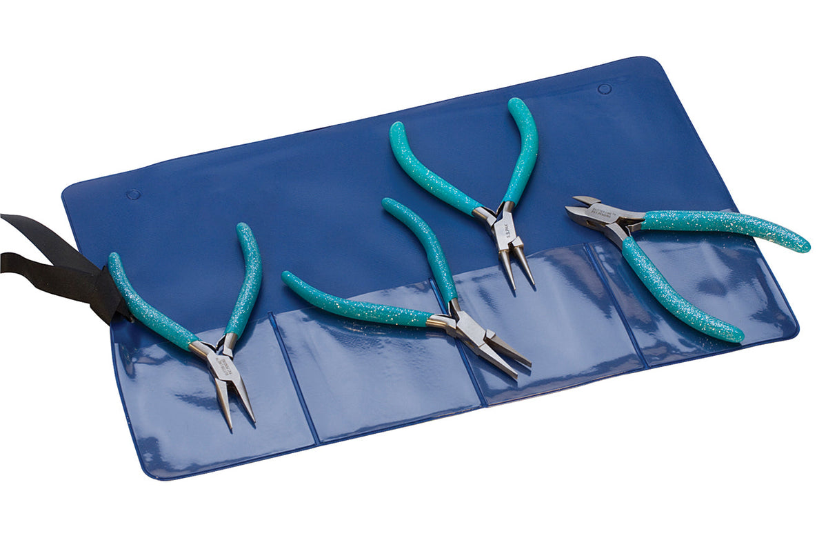 4 Piece Glitter Line plier set for jewelry making with turquoise glitter handles in blue pouch