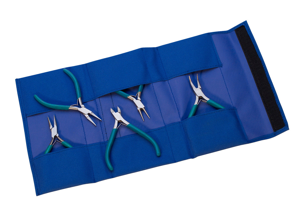 5 Piece Teal Slimline Plier Set with ergonomic handles in a compact blue tool roll pouch