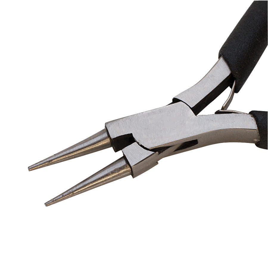 4-1/2" Sonora round nose pliers with stainless steel tips and textured black handles for precision bending and forming
