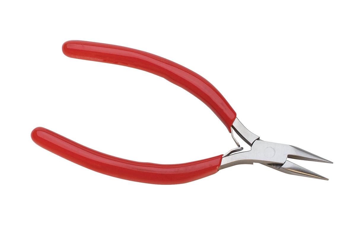 Ergonomic chain nose pliers with red anti-slip handles and precision tapered jaws for delicate work and reduced hand fatigue.