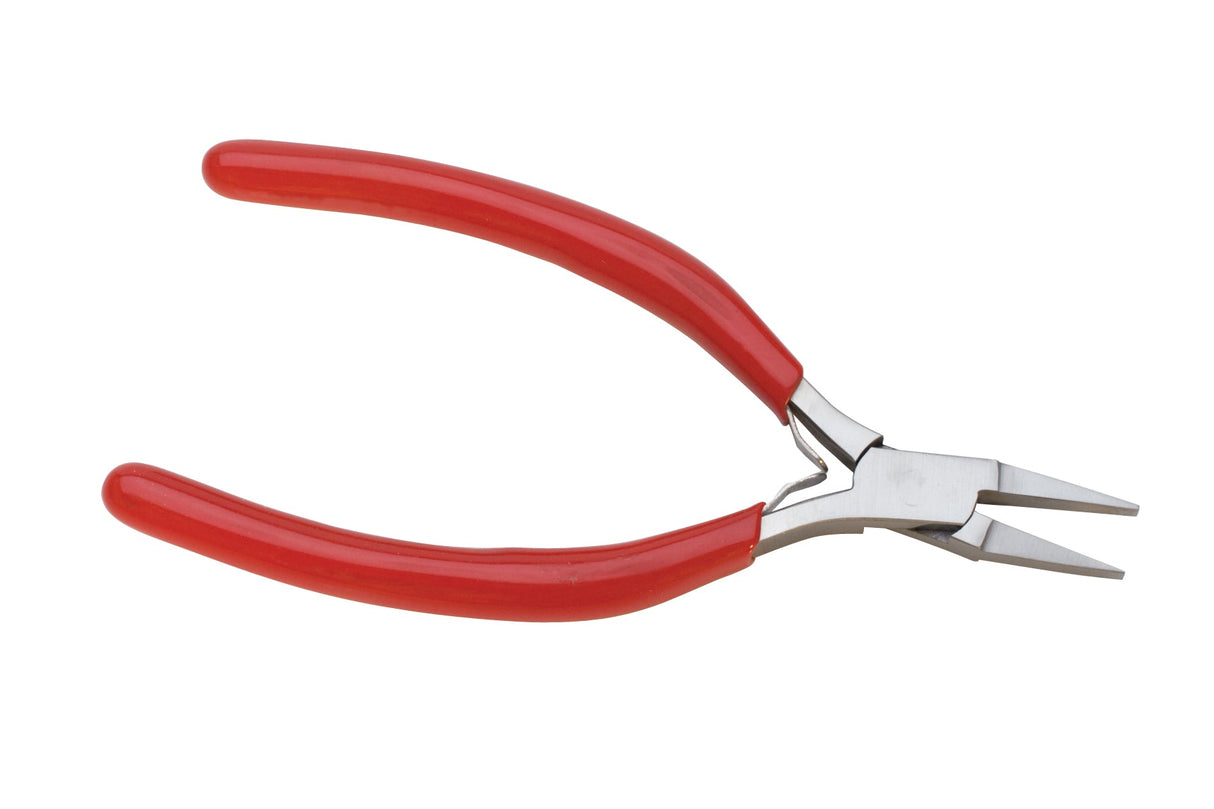Flat nose ergonomic pliers with red handles and precision tapered jaws for delicate work