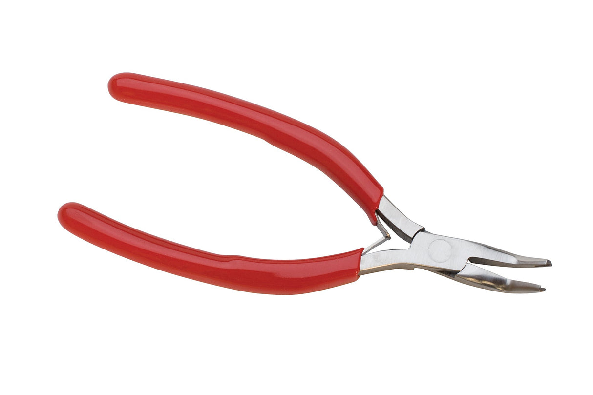 Ergonomic bent nose pliers with groove and red handles for precision work