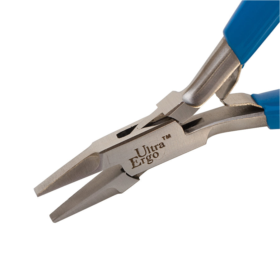 5-3/4 inch Ultra Ergo Flat Nose Pliers with ergonomic blue handles for precision gripping and bending in jewelry and electronics work