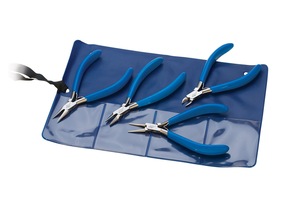 4 Piece Ultra Ergo Plier Set with blue ergonomic handles and protective blue pouch