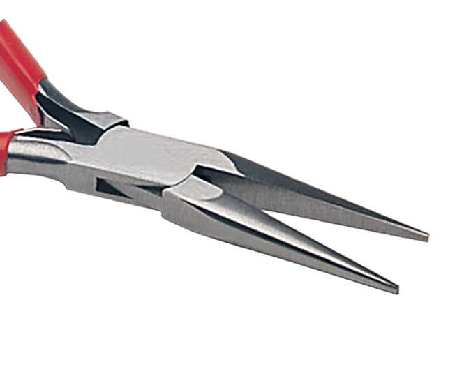 5-1/2 inch long chain nose pliers with red handles made in Germany for precision and durability
