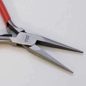 5-1/2" serrated chain nose pliers with red handles made in Germany for precision jewelry and metalwork