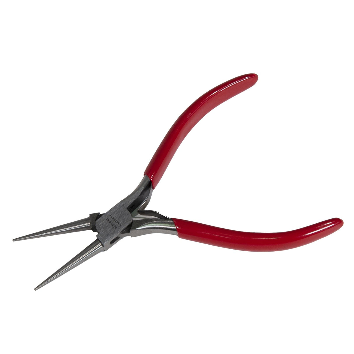 5-1/2 inch German-made round nose pliers with red handles and finely tapered tips for precision loops and bends