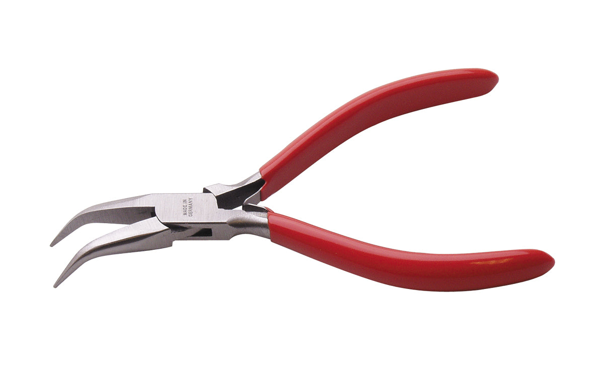 German bent fine tip chain nose pliers with red handles and bent jaws for precision work in tight spaces