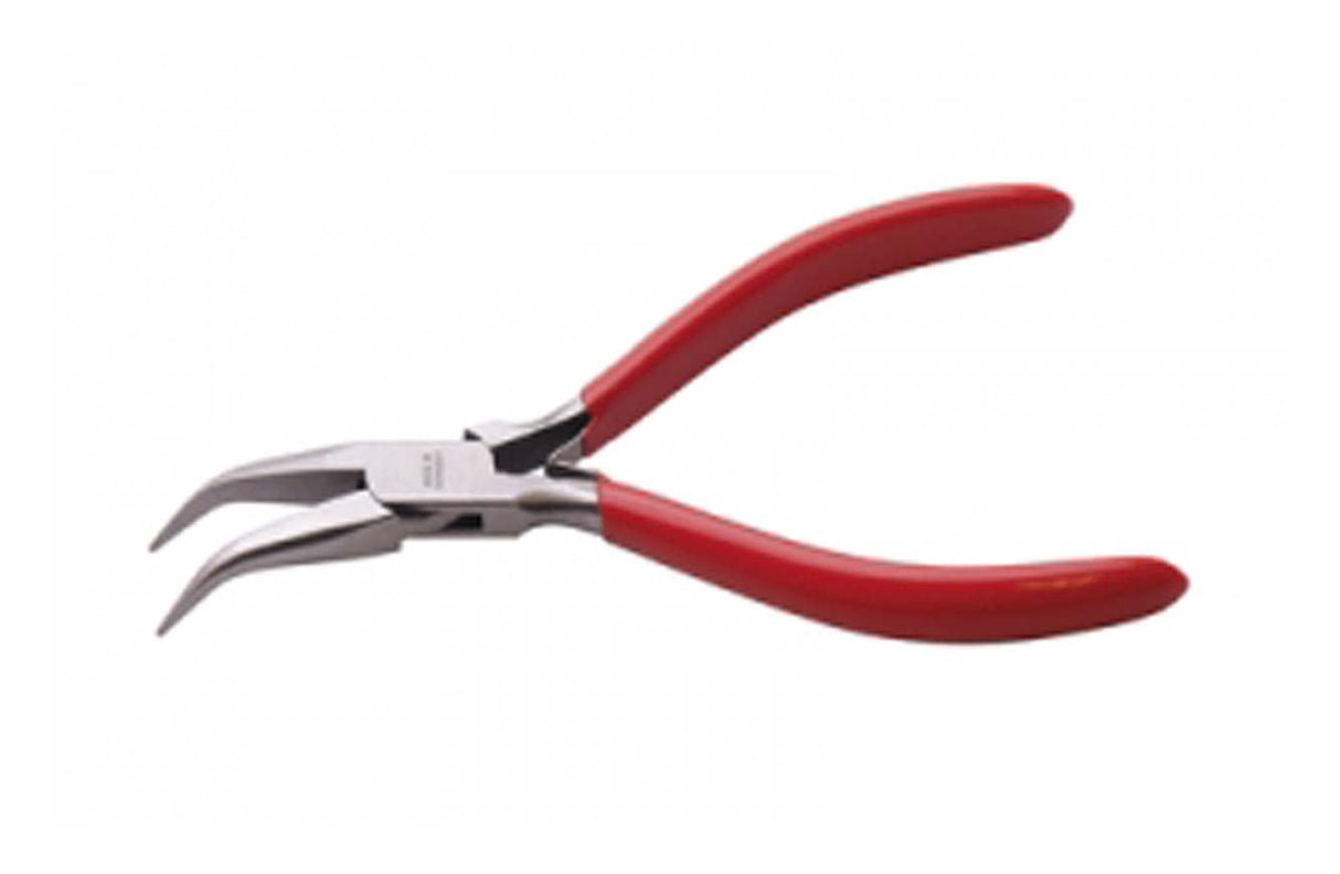5-inch thin curved chain nose pliers with red handles for precise jewelry making and wire bending