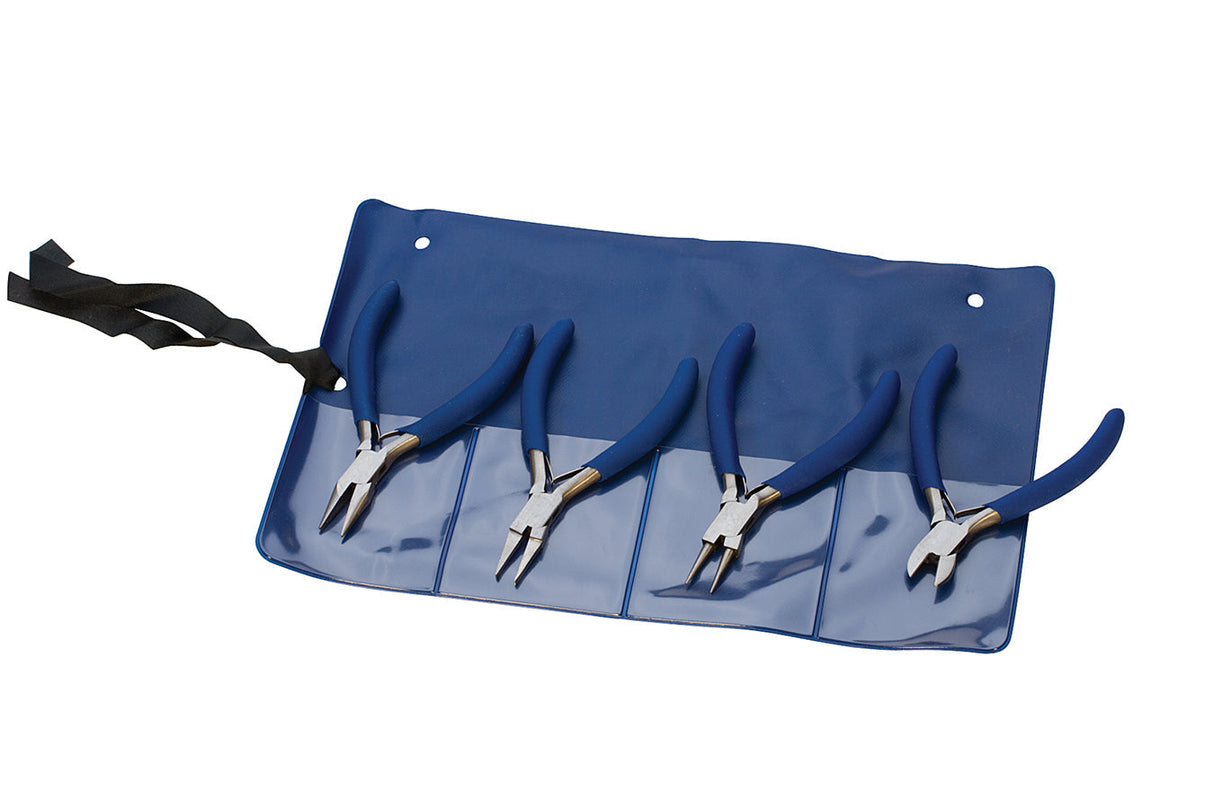 4 Piece Box Joint Plier Set with blue ergonomic handles in a blue storage pouch