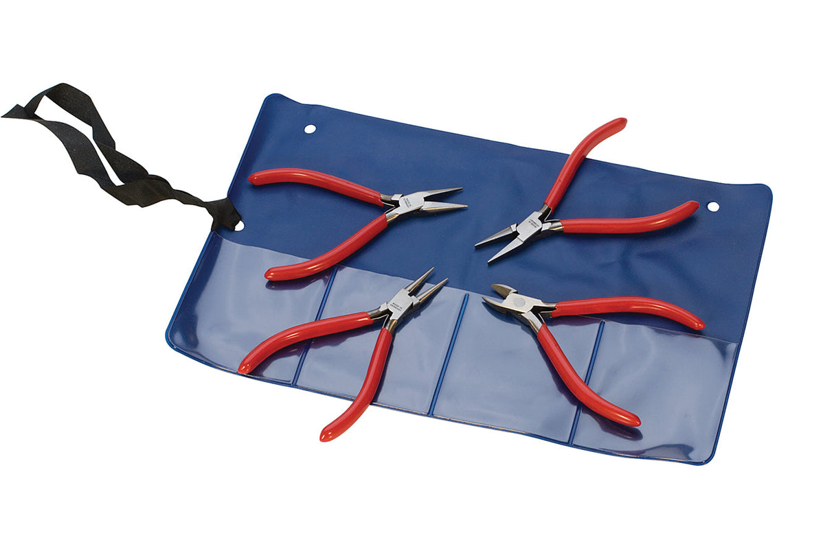 4-1/2" German lap joint plier set with red handles in blue tool organizer pouch