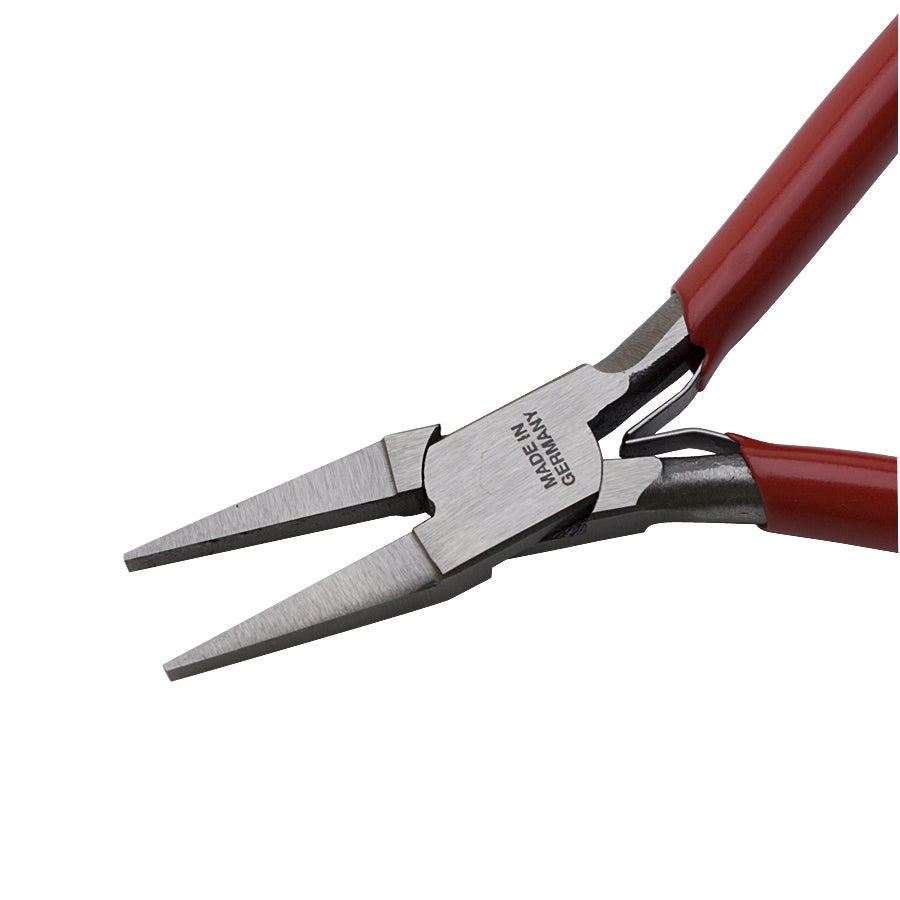 4-1/2 inch lap joint flat nose pliers with red cushioned grips and German tempered steel construction