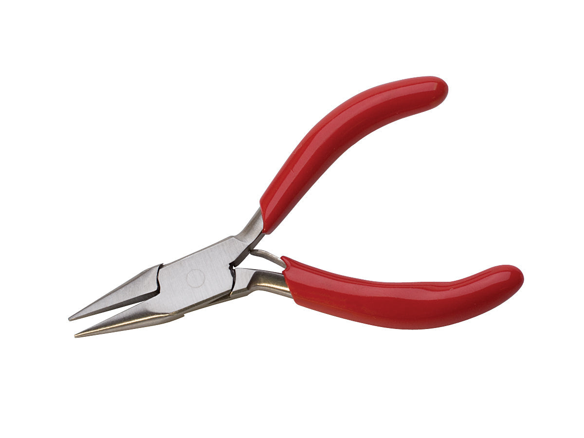 3 inch mini chain nose pliers with red PVC grips and stainless steel construction for jewelry making