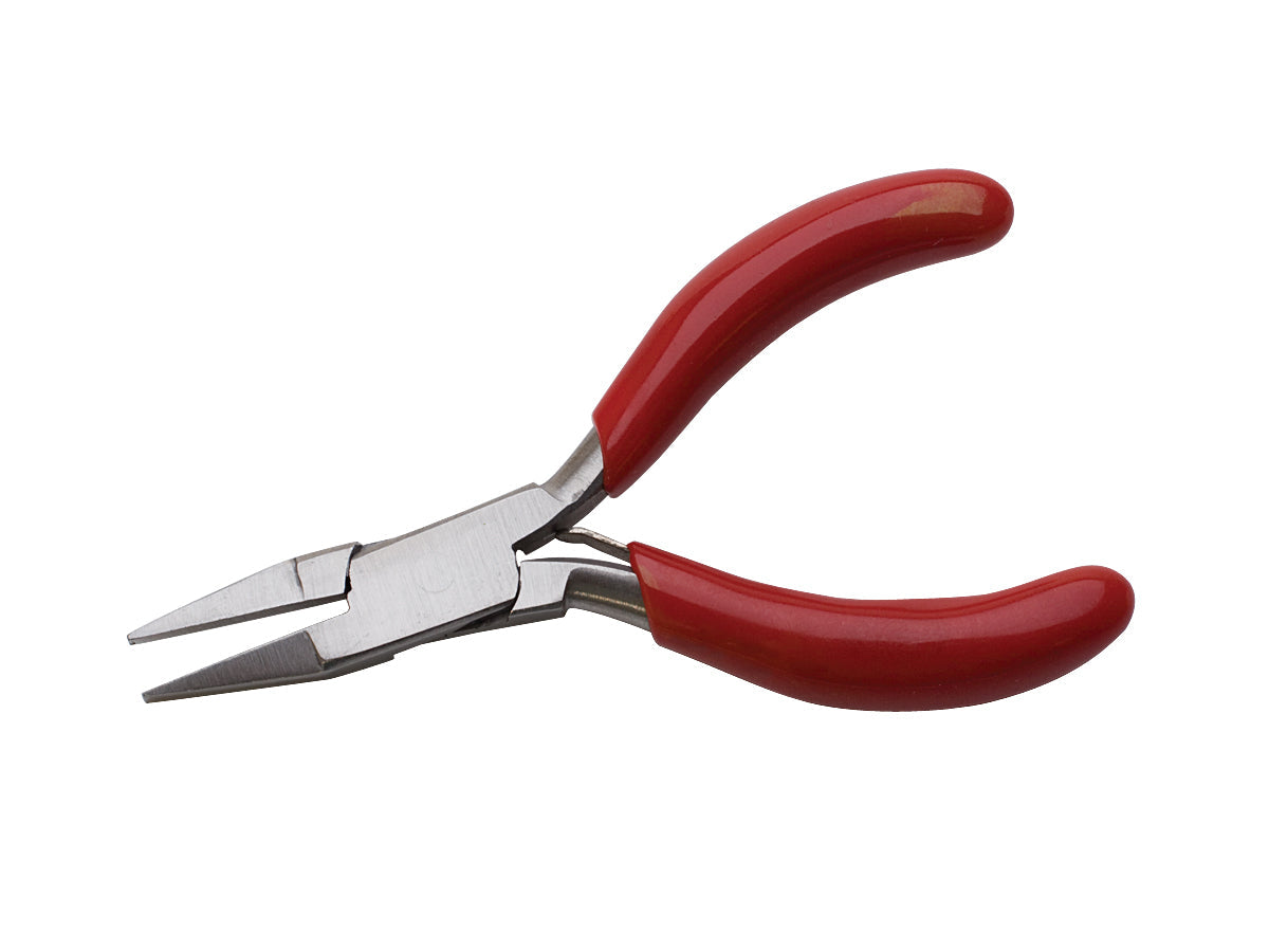 3 inch mini flat nose pliers with red PVC grips for precision jewelry making and bead stringing