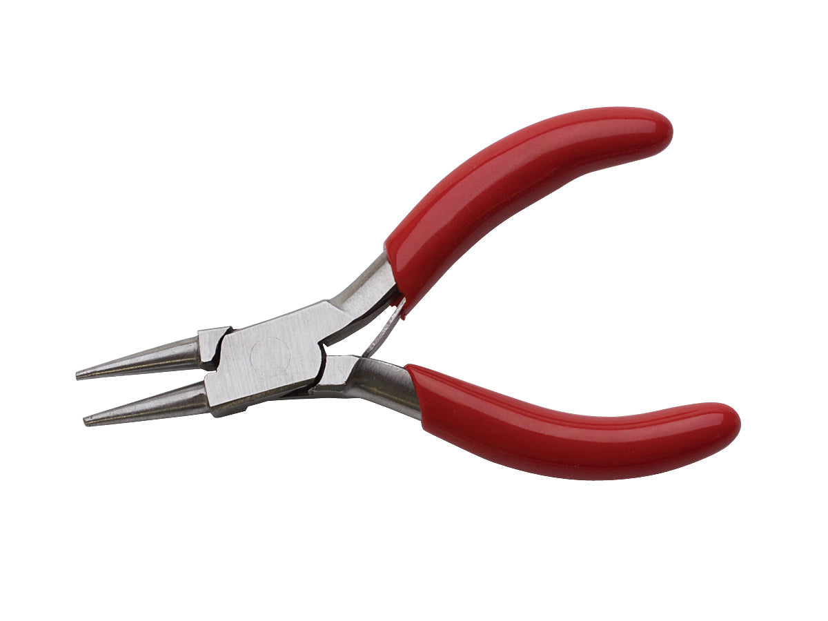 3-inch stainless steel mini round nose pliers with red PVC handles for jewelry making and bead stringing